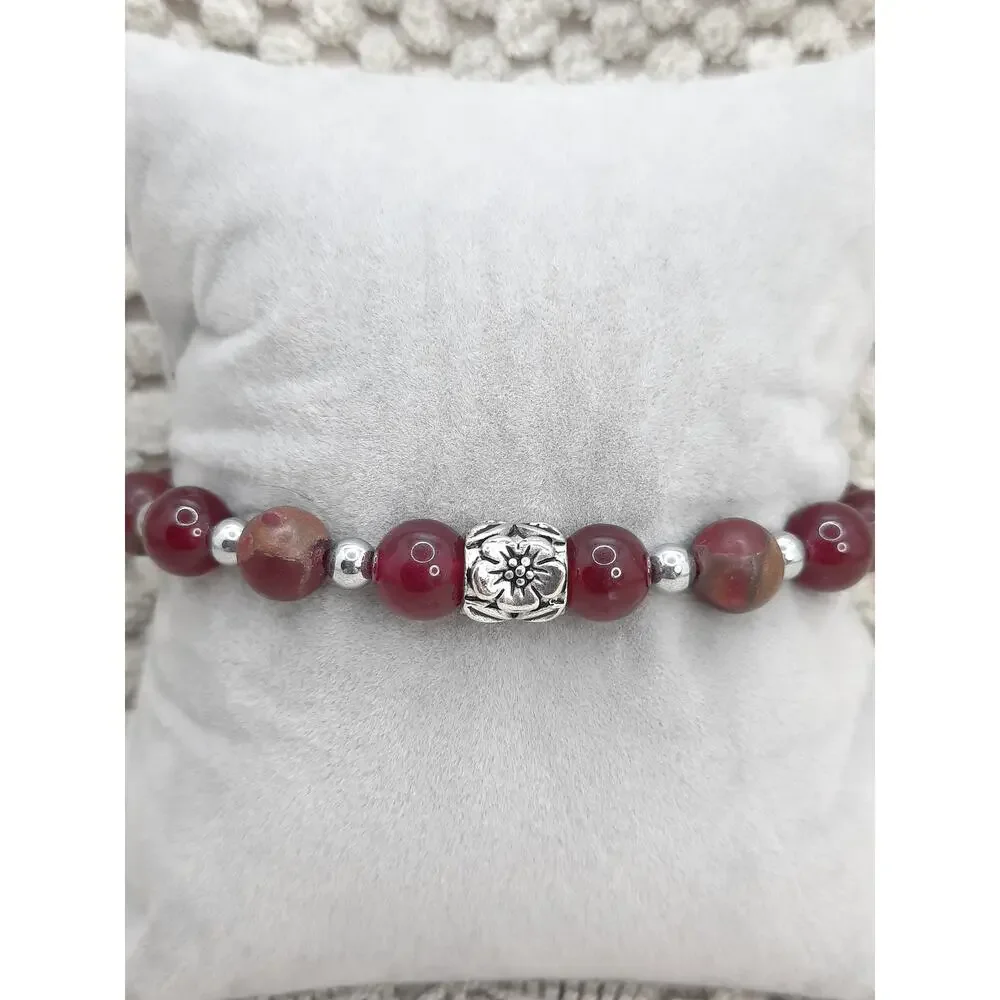 Artisan Apple Jasper Bracelet Natural Beaded Stretch Tibetan Silver Spacer NEW